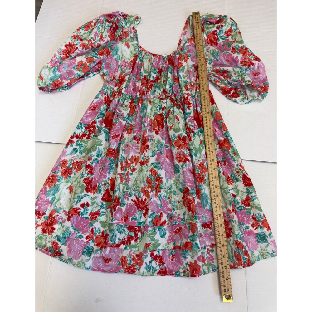 Floral‎ Puff Sleeve Cotton Mini Dress Pink Red Green L Praire Romantic Cottage - Picture 7 of 9